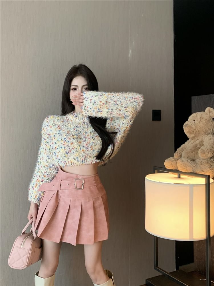 Rise Mini Dotted Washed Pleated A-Line High Sweater Cropped Neck / Mock Skirt