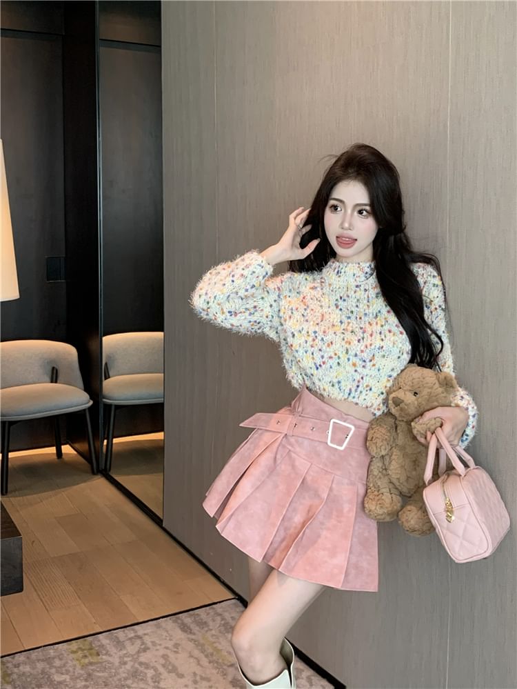 Rise Mini Dotted Washed Pleated A-Line High Sweater Cropped Neck / Mock Skirt