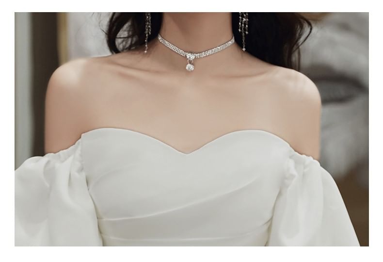 A-Line Midi Plain Off-Shoulder Gown Wedding / Dress Puff-Sleeve