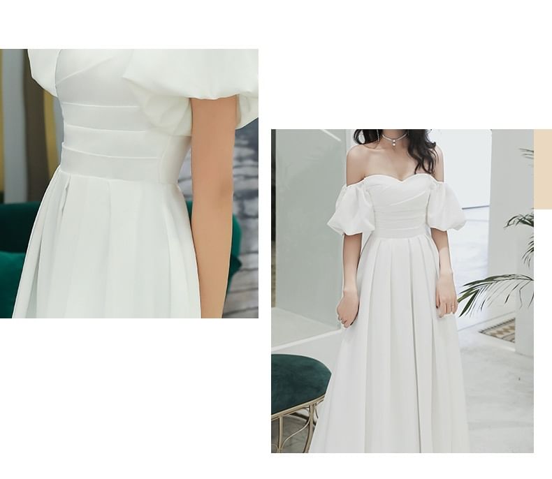 A-Line Midi Plain Off-Shoulder Gown Wedding / Dress Puff-Sleeve
