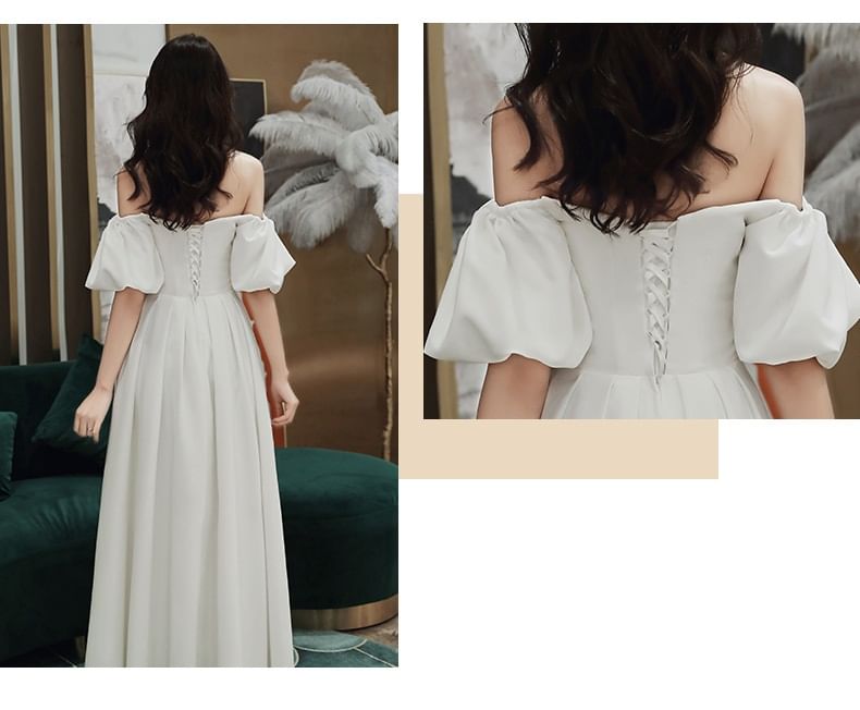A-Line Midi Plain Off-Shoulder Gown Wedding / Dress Puff-Sleeve