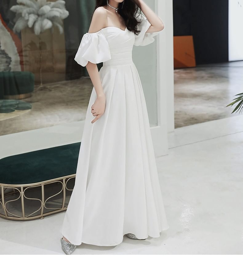 A-Line Midi Plain Off-Shoulder Gown Wedding / Dress Puff-Sleeve