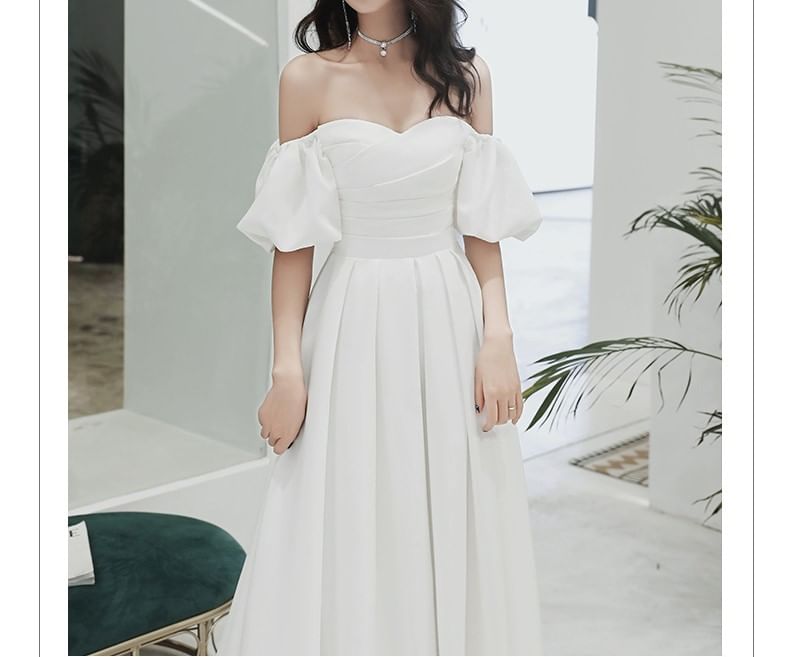 A-Line Midi Plain Off-Shoulder Gown Wedding / Dress Puff-Sleeve