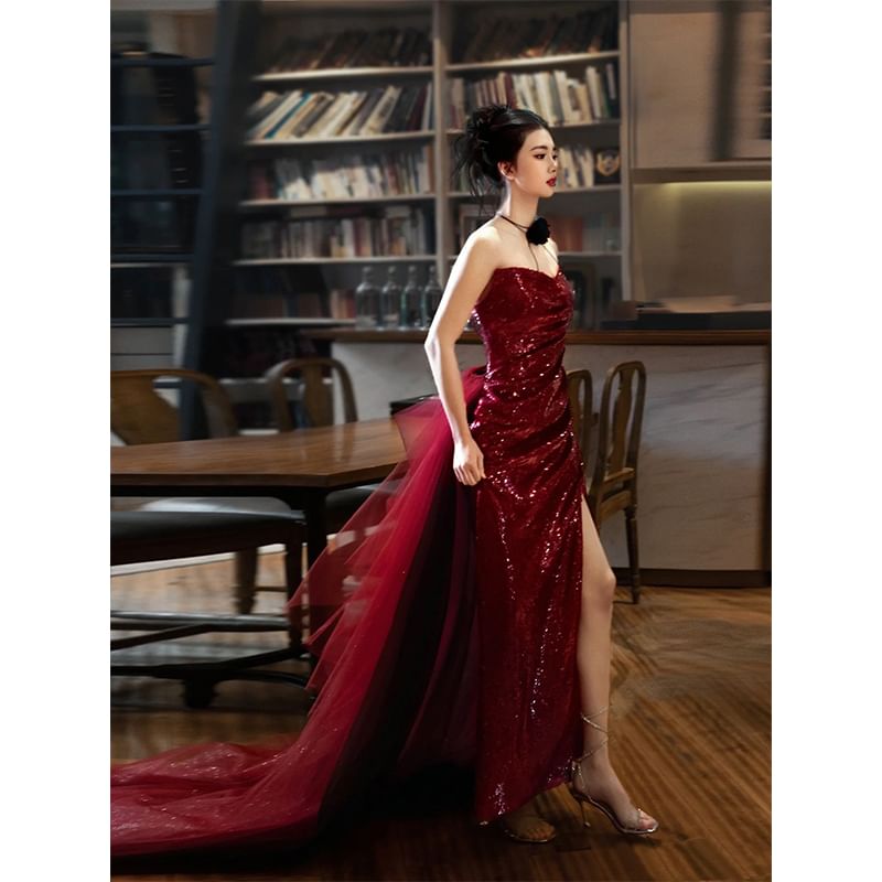 Strapless Sequin Ruched Trained Slit Sheath Evening Gown