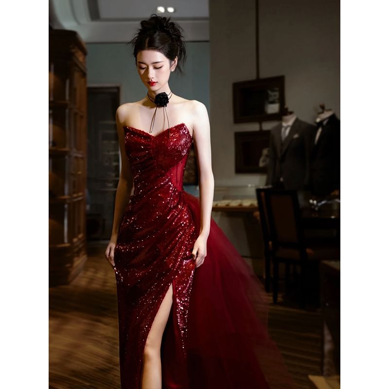 Strapless Sequin Ruched Trained Slit Sheath Evening Gown