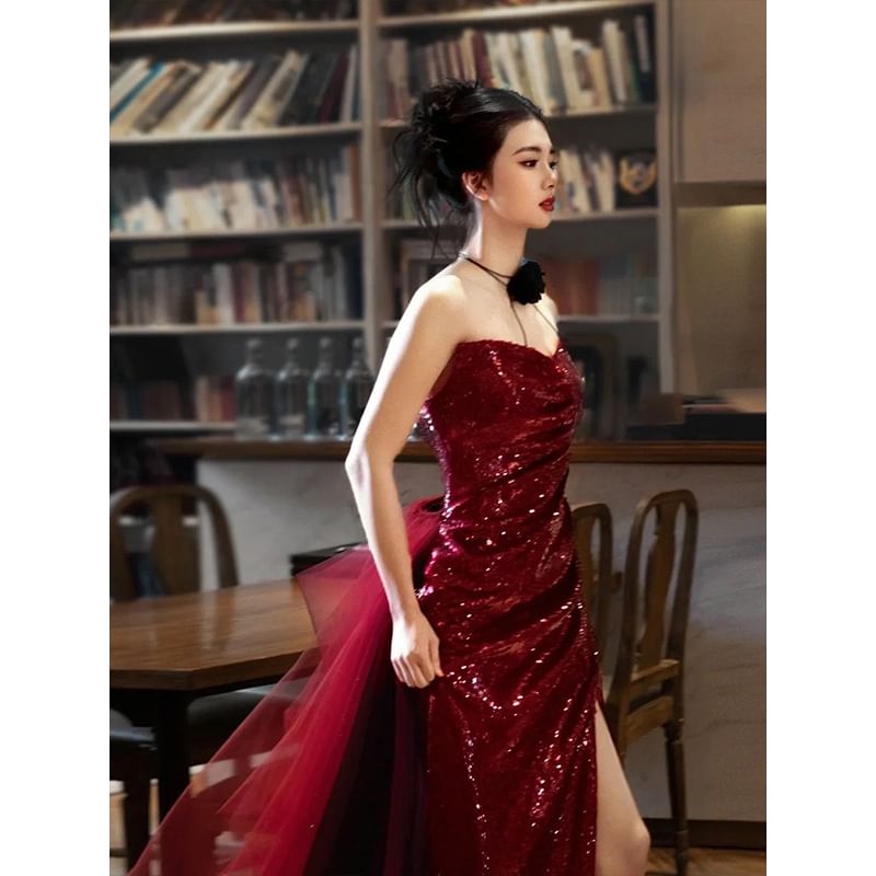 Strapless Sequin Ruched Trained Slit Sheath Evening Gown