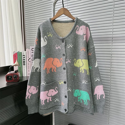 Round Neck Elephant Jacquard Cardigan