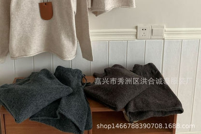 Set: Round Neck Plain Sweater + Drawstring Waist Knit Shorts