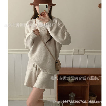 Set: Round Neck Plain Sweater + Drawstring Waist Knit Shorts