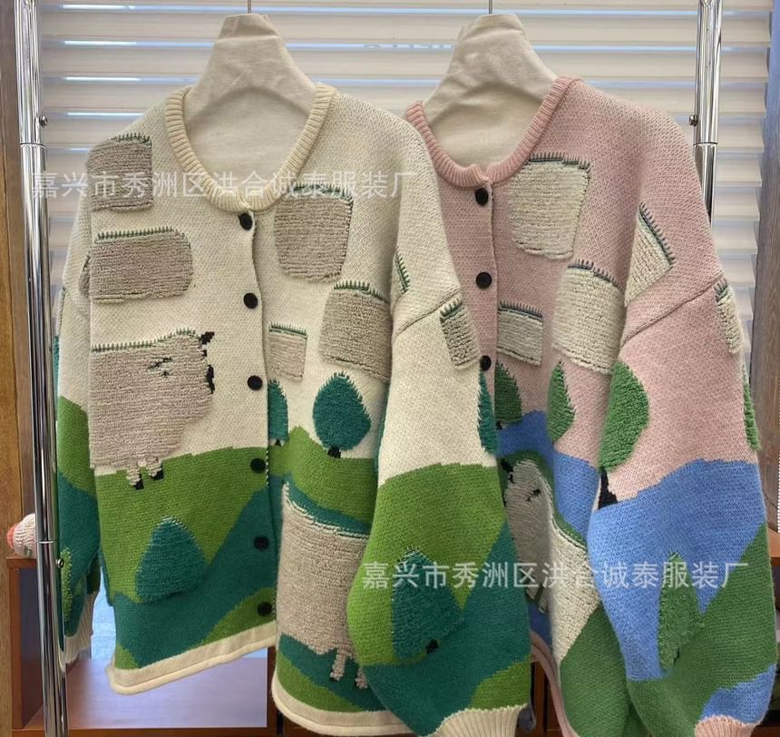 Round Neck Sheep Jacquard Cardigan