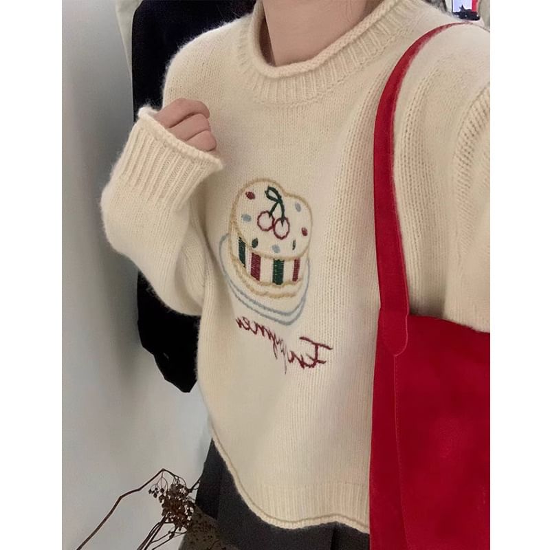 Crew Neck Lettering Embroidered Sweater