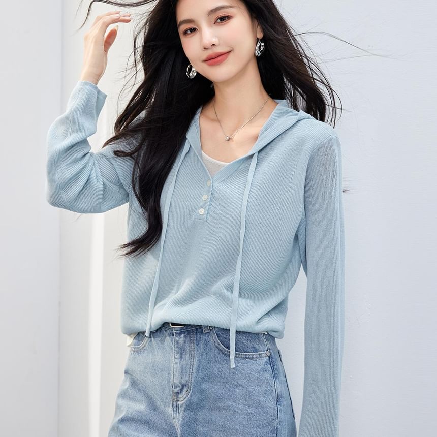 Tone Mock Knit Hoodie V-Neck Two Two-Piece