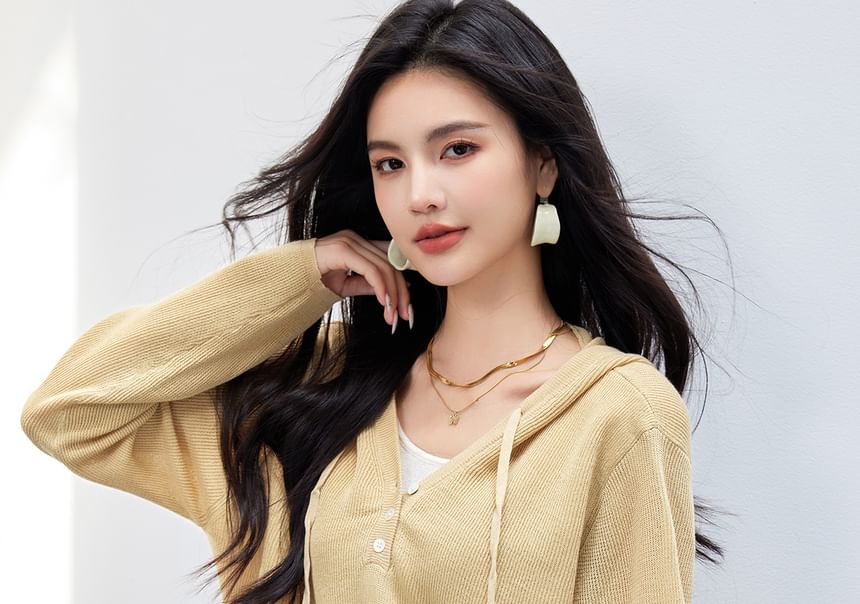 Tone Mock Knit Hoodie V-Neck Two Two-Piece