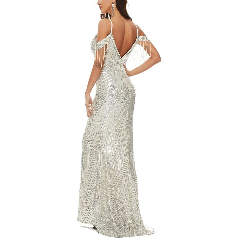 Cold-Shoulder Sequin Beaded Trumpet Evening Gown