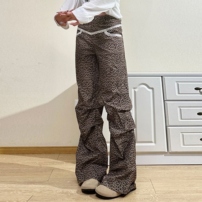 High Pants Leopard Rise Leg Wide