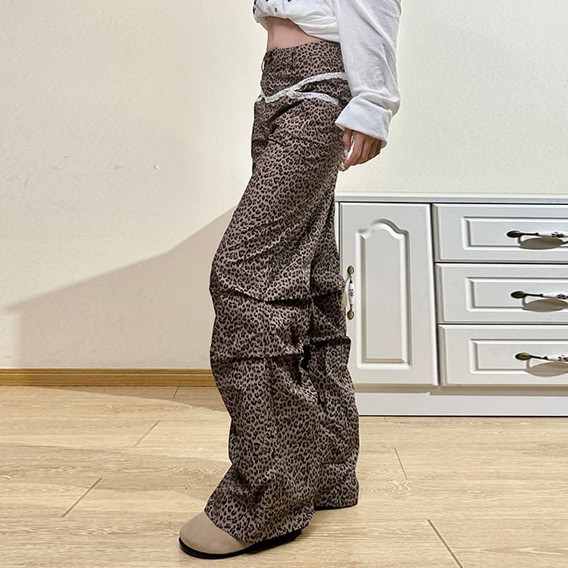 High Pants Leopard Rise Leg Wide