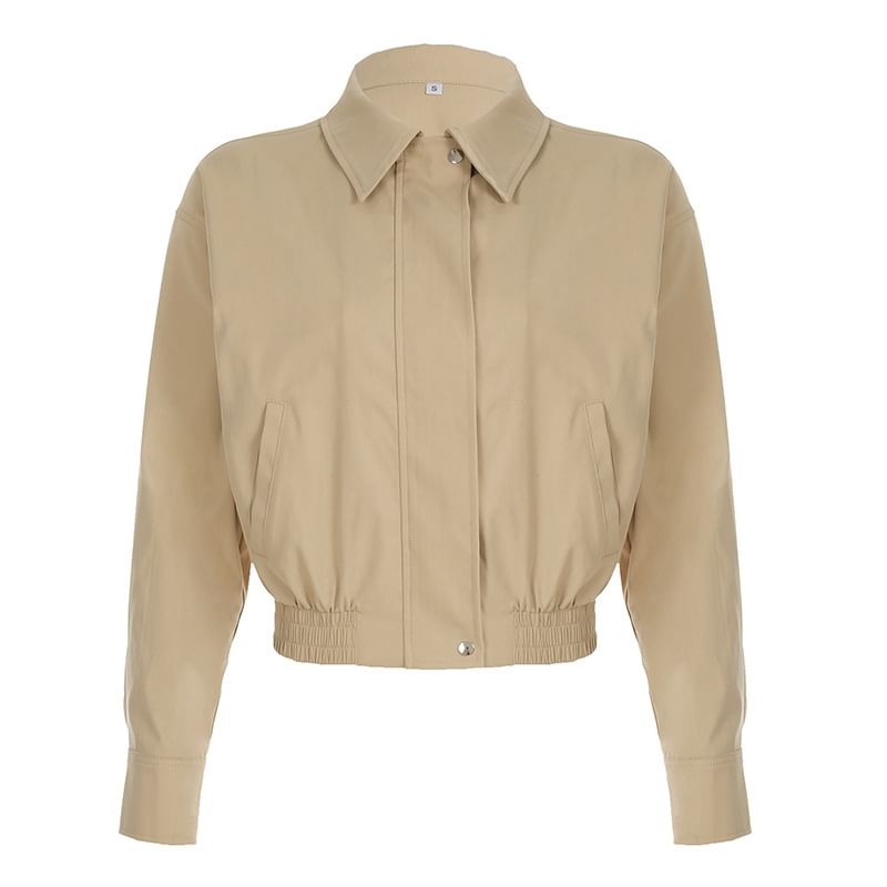 Cropped Plain Collared Up Jacket Zip