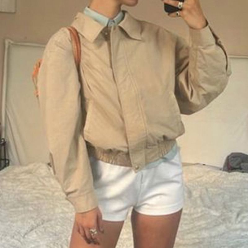 Cropped Plain Collared Up Jacket Zip