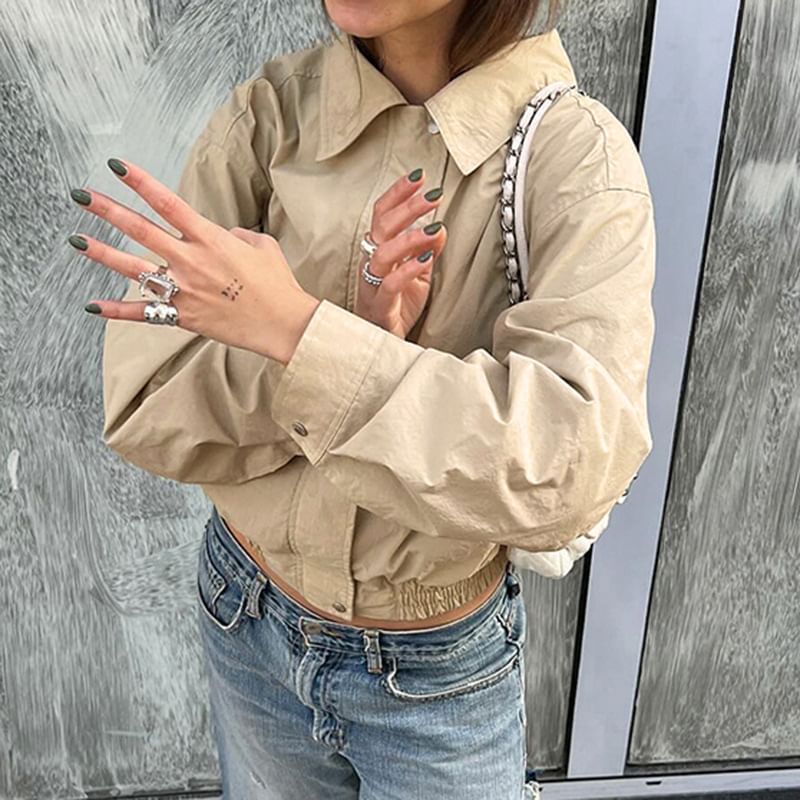 Cropped Plain Collared Up Jacket Zip