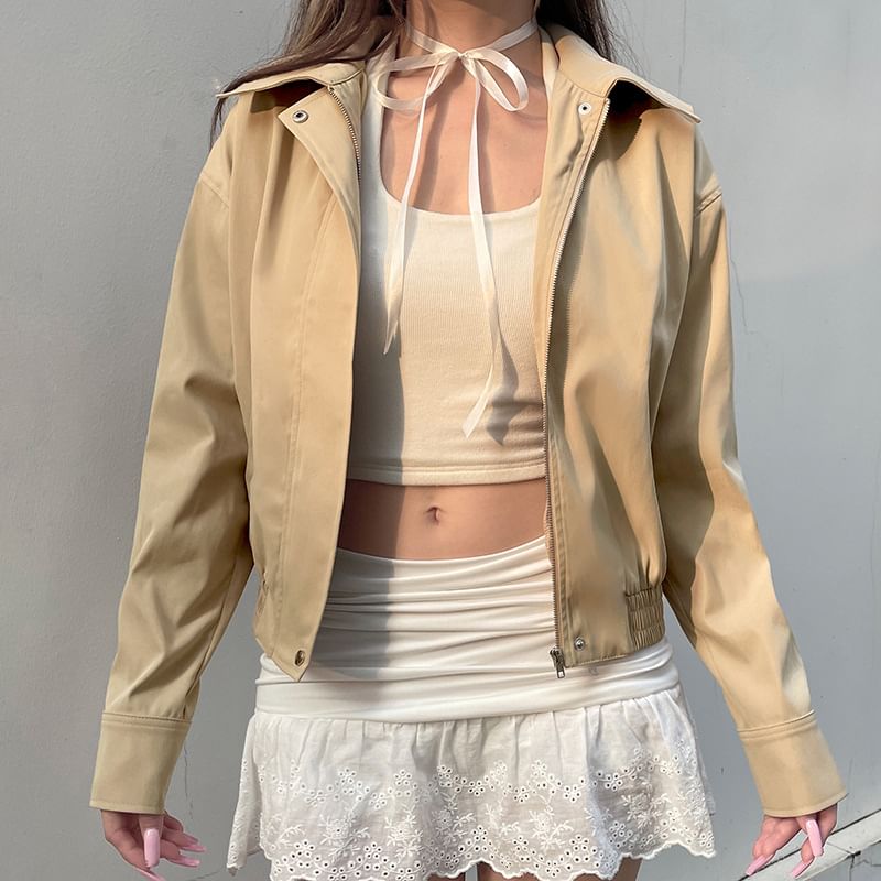 Cropped Plain Collared Up Jacket Zip