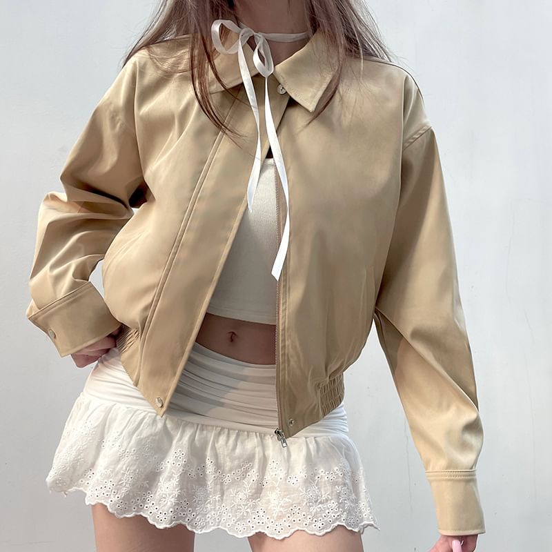 Cropped Plain Collared Up Jacket Zip