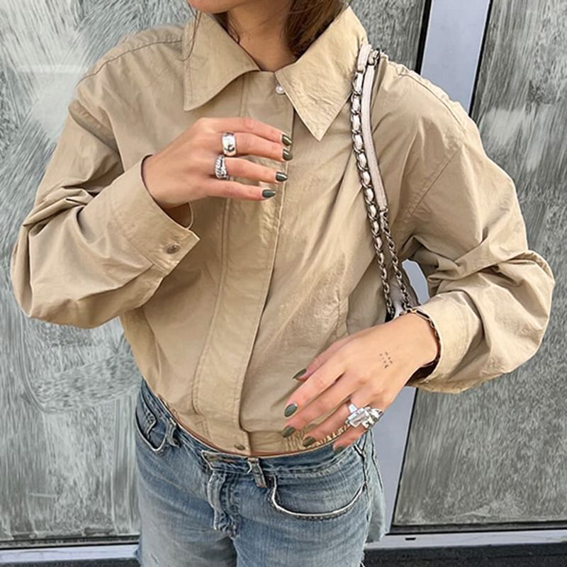 Cropped Plain Collared Up Jacket Zip