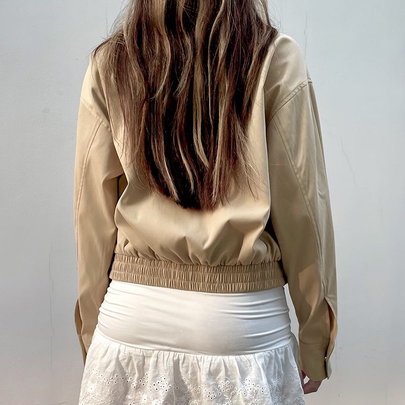 Cropped Plain Collared Up Jacket Zip