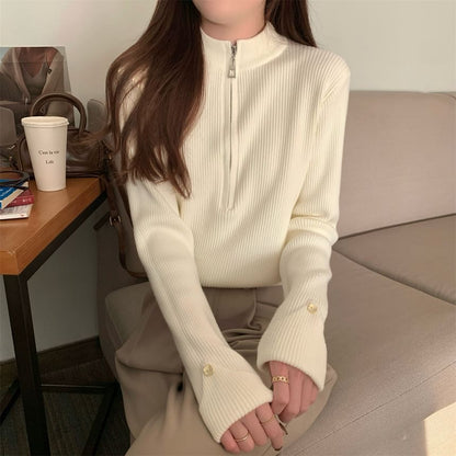 Half-Zip Plain Ribbed Sweater