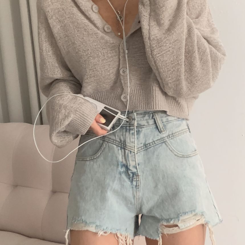 Hooded Plain Crop Cardigan