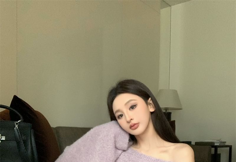 Shoulder Off Sweater Drop Oversized / Belt Plain