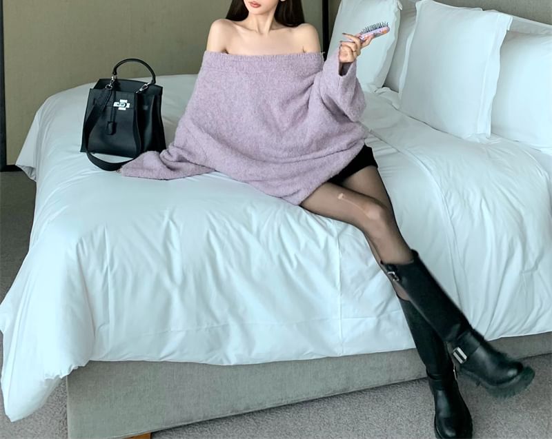 Shoulder Off Sweater Drop Oversized / Belt Plain