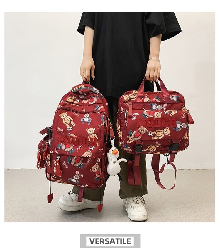 Applique Bag Bear / Lettering Print Laptop Nylon Set Backpack Charm Tote