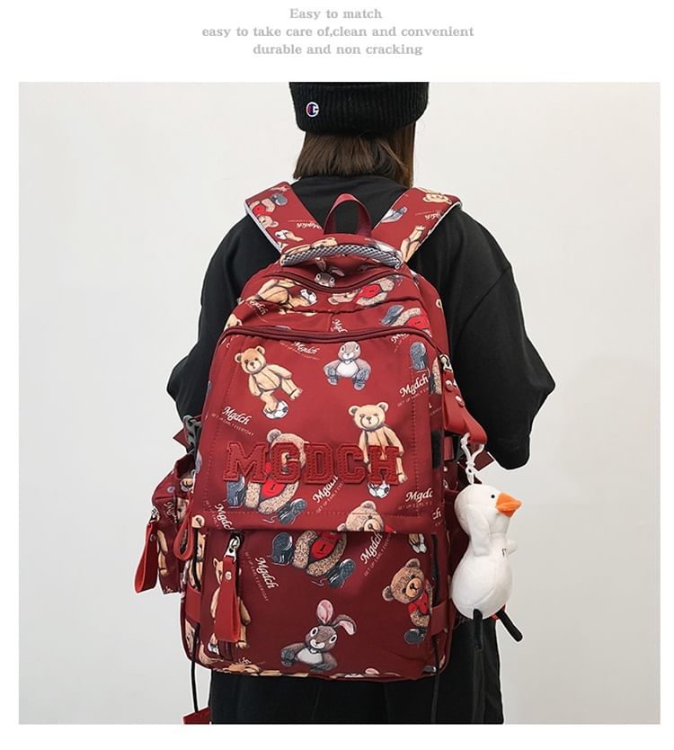 Applique Bag Bear / Lettering Print Laptop Nylon Set Backpack Charm Tote