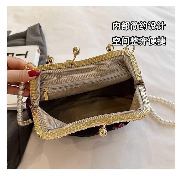 Floral Strap Bag Pearl Lock Kiss Crossbody Tassel Faux Embroidered