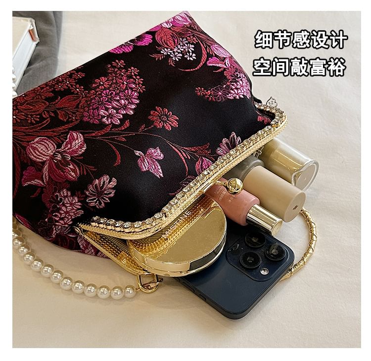 Floral Strap Bag Pearl Lock Kiss Crossbody Tassel Faux Embroidered