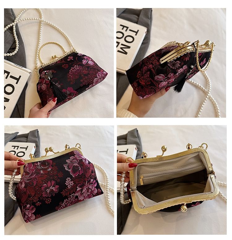 Floral Strap Bag Pearl Lock Kiss Crossbody Tassel Faux Embroidered
