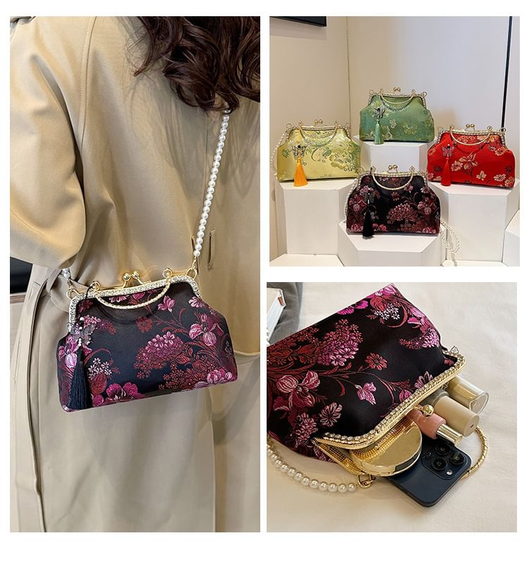 Floral Strap Bag Pearl Lock Kiss Crossbody Tassel Faux Embroidered