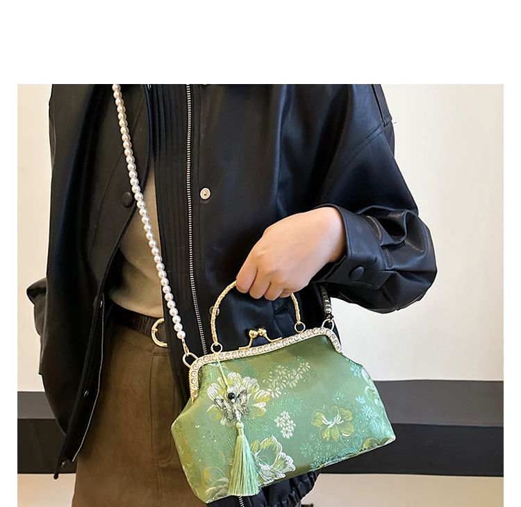 Floral Strap Bag Pearl Lock Kiss Crossbody Tassel Faux Embroidered
