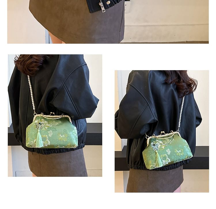 Floral Strap Bag Pearl Lock Kiss Crossbody Tassel Faux Embroidered