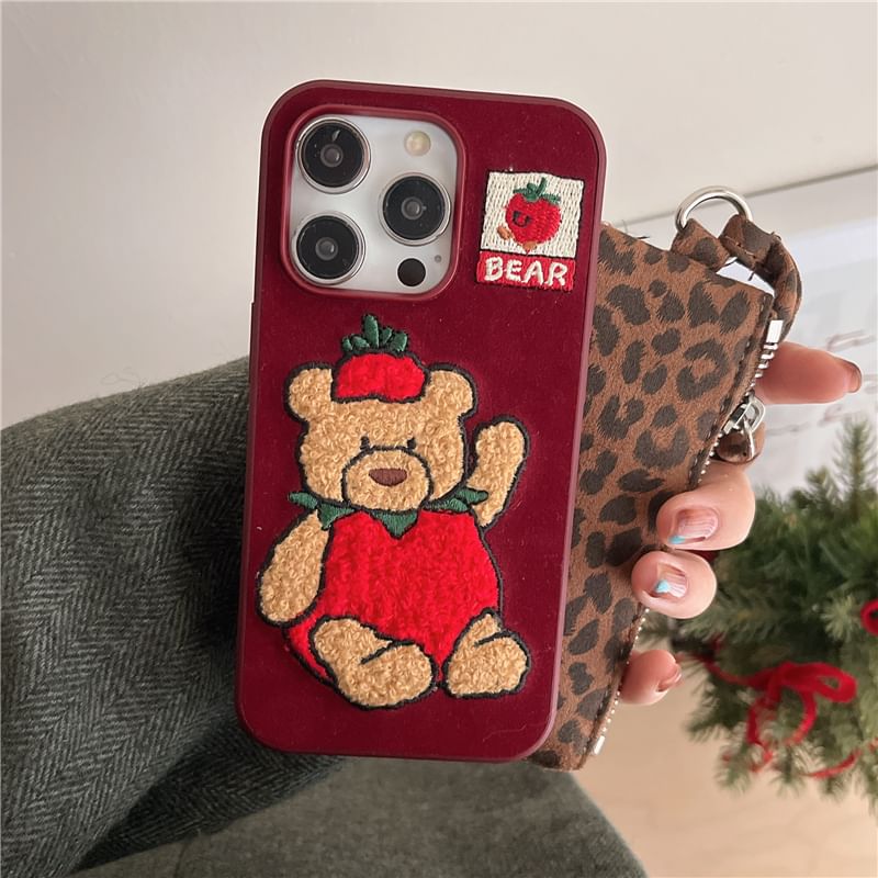 Strawberry Bear Embroidered Phone Case / Strap / Set - iPhone 16 Pro Max / 16 Pro / 16 Plus / 16 / 15 Pro Max / 15 Pro / 15 Plus / 15 / 14 Pro Max / 14 Pro / 14 Plus / 14 / 13 Pro Max / 13 Pro / 13