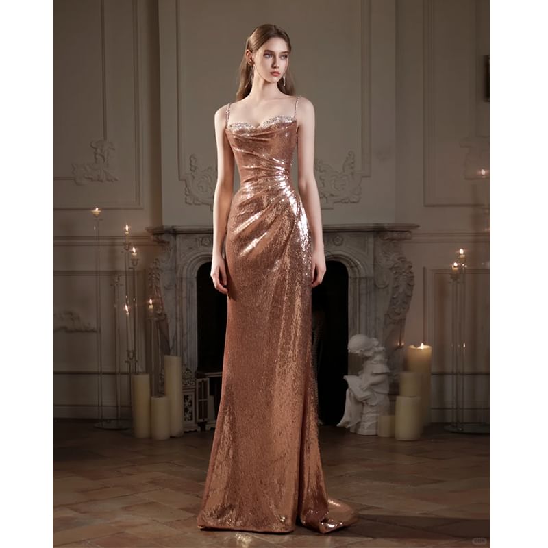Spaghetti Strap Sequin Ruched Mermaid Evening Gown