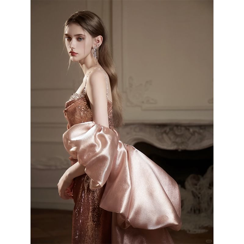 Spaghetti Strap Sequin Ruched Mermaid Evening Gown