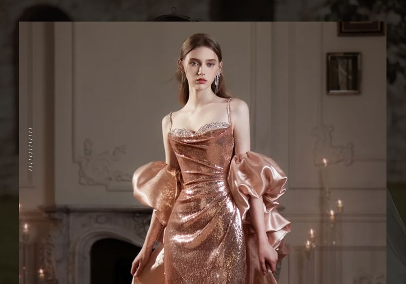 Spaghetti Strap Sequin Ruched Mermaid Evening Gown