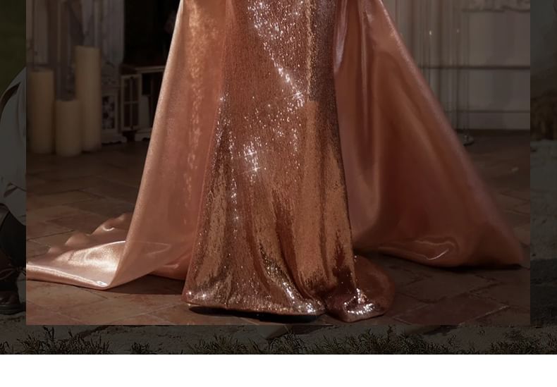 Spaghetti Strap Sequin Ruched Mermaid Evening Gown