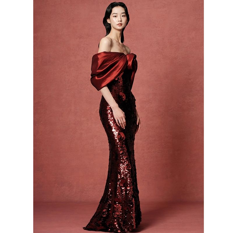 Off-Shoulder Sequin Bow Trumpet Evening Gown