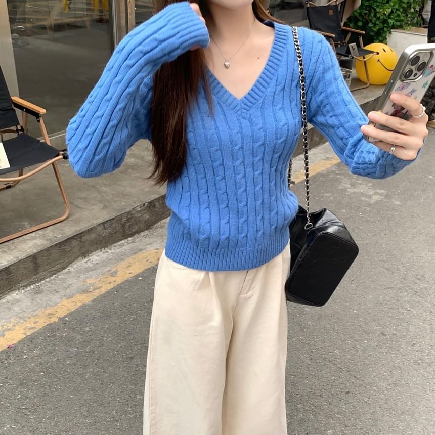 V-Neck Plain Cable Knit Sweater / High Waist Wide Leg Pants