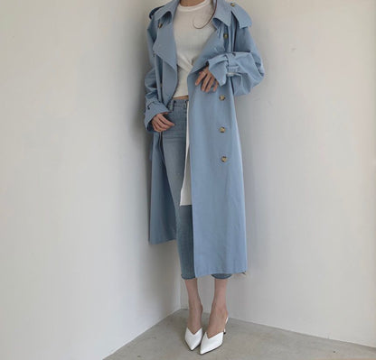 Collared Plain Back Slit Midi Double Breasted Trench Coat