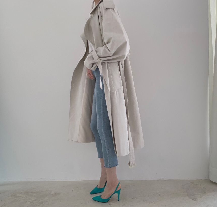 Collared Plain Back Slit Midi Double Breasted Trench Coat