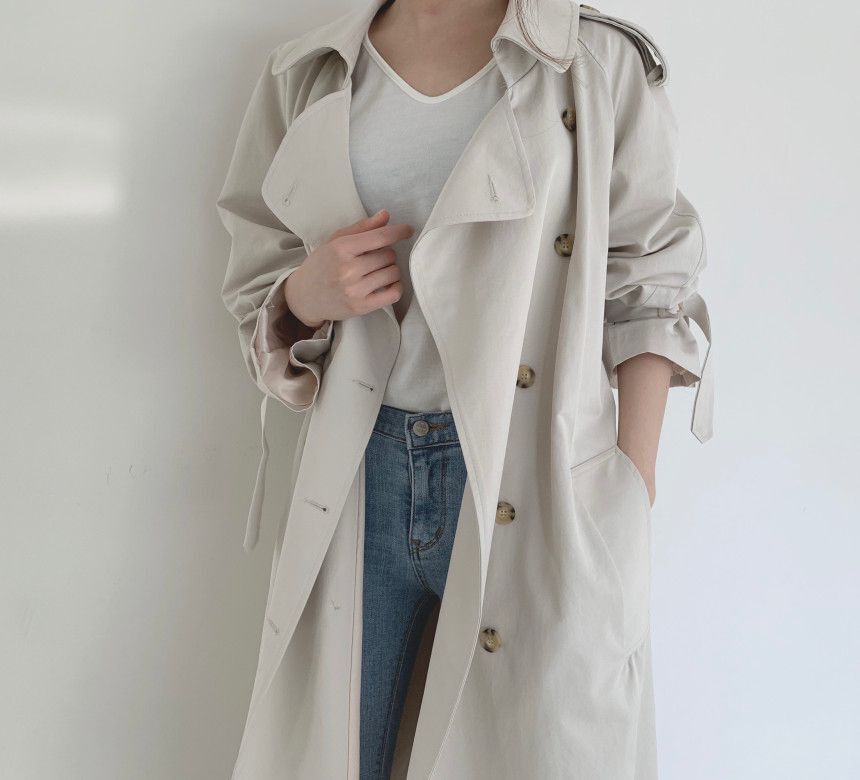 Collared Plain Back Slit Midi Double Breasted Trench Coat