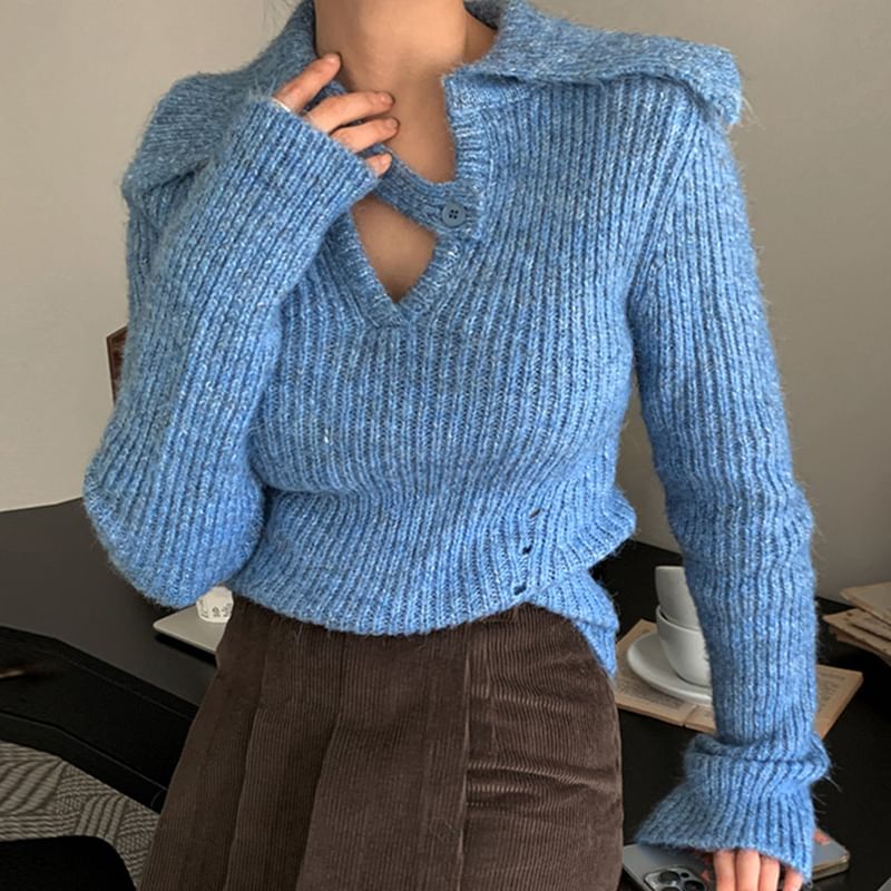 Collared V-Neck Plain Ribbed Sweater